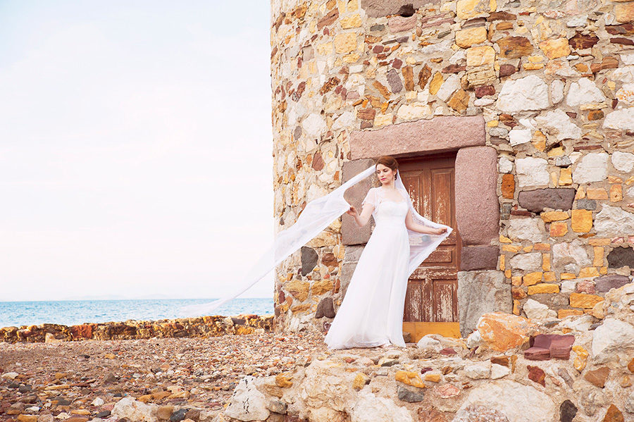 Wedding Photoshooting. Bride's portrait. near the sea. greek wedding . Chios , Greece. greek island. watermill. Couple photoshooting. Love and married. Alepa Katerina . Layer Photography