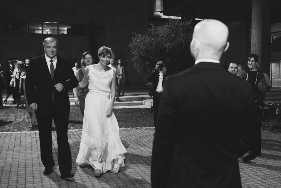 Town hall. Couple in love. Happy life, bride and groom. Bride just arrived with her father. Paparazzi. Happy friends. Civil wedding in Thessaloniki, Greece