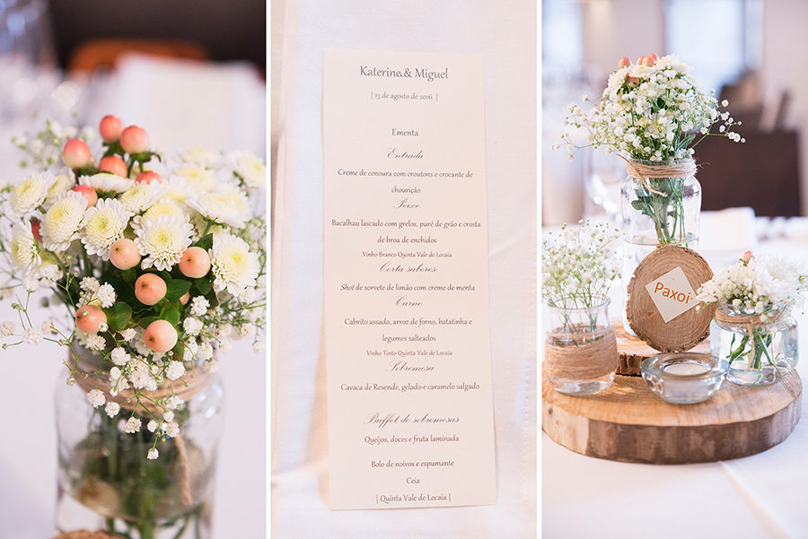The dinner menu card. flowers. arte della table. Wood, glass. Bride and Groom. Wedding dinner.Quinta Vale De Locaia Lamego . Portugal